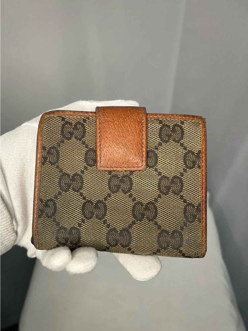 Gucci GG Canvas Bifold Wallet - Brown with Tan Trim & Gold Plate